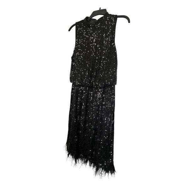 Nanette Lepore Womens Black High Neck Feather Trim Sequined Dress Sz 12 New - Picture 3 of 9